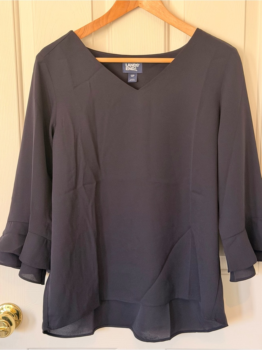 Lands' End Black V-Neck Ruffle-Sleeve Blouse- navy blue- 12 petite